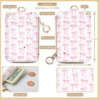 bolimoss Cute Pink Bow Lanyard Wallet, 2-in-1 ID Badge Holder & Leather Credit Card Holders, Women Zippered Coin Pouch with Removable Wristlet & Neck Lanyard, Clear Window, 5 Card Slots, Ring Keychain