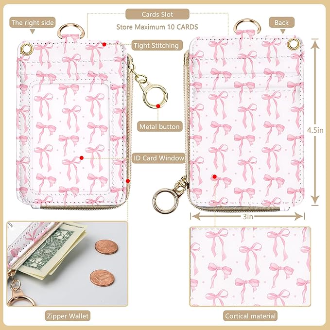 bolimoss Cute Pink Bow Lanyard Wallet, 2-in-1 ID Badge Holder & Leather Credit Card Holders, Women Zippered Coin Pouch with Removable Wristlet & Neck Lanyard, Clear Window, 5 Card Slots, Ring Keychain