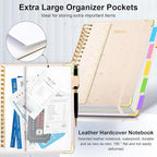 Hardcover Spiral Notebook 8"x10" Journal Notebook with Tabs and Removable Dividers 300 Pages 5 Subject Notebook College Ruled, Faux Leather Spiral Bound Notebook for Women School Work (White)