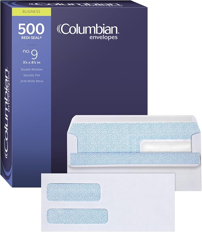 Columbian #9 Security Envelopes, 500 Pack, Double Window Self Seal Envelopes for Invoices and Business Mailings, 3-7/8" x 8-7/8", Durable 24 lb White Paper