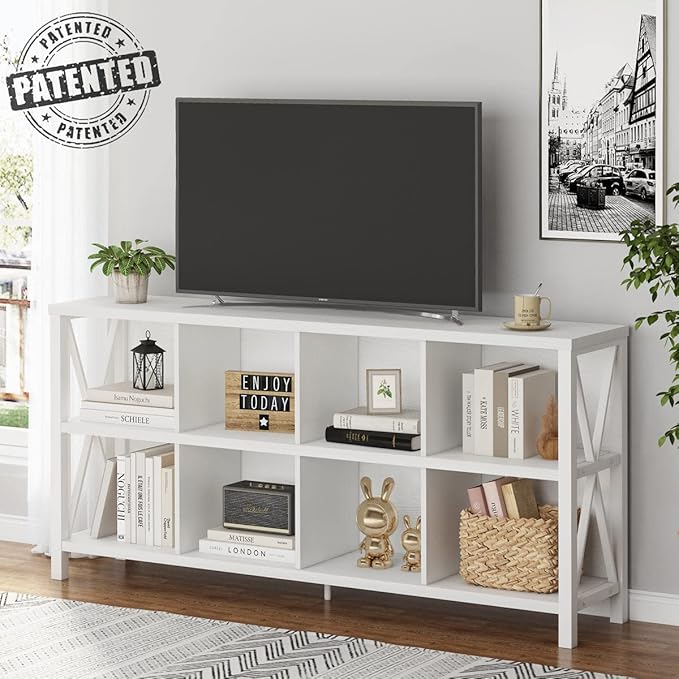 FATORRI 8 Cube Storage Organizer Bookshelf, 62 Inch Rustic Wood Horizontal Bookcase, Industrial Cube Long Book Shelf for Living Room (White Oak)