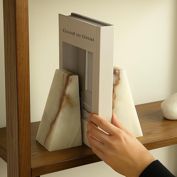 Bey-Berk White Triangular Marble Bookends – Heavy-Duty Wedge Design, Modern Office and Bookshelf Organizer