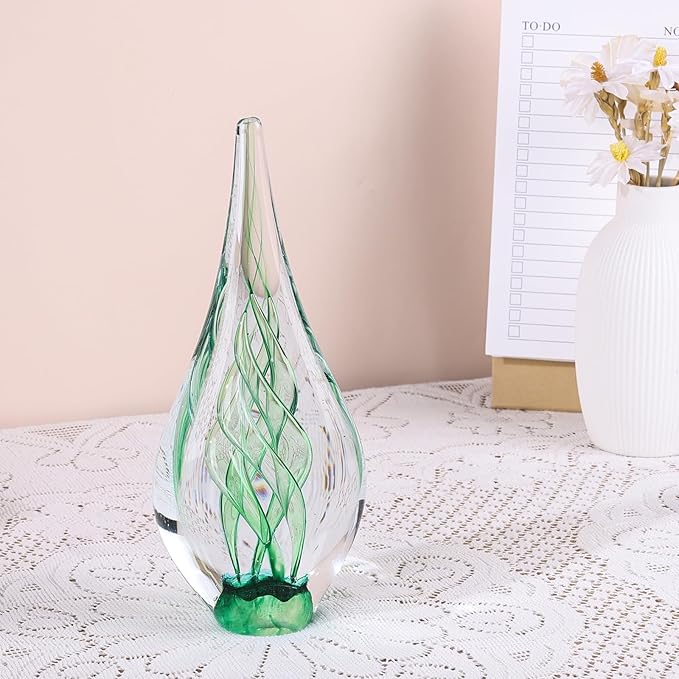 9" Tall Sculpture Hand Blown Glass Decor, Paperweight for Office Desk, Modern Glass Art Figurines Mediterranean Beach House Decor, Living Room Coffee Shelves Table Top Decoration (Swirl Green)