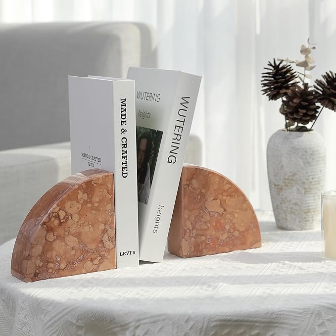 Karibiber Marble Bookend for Shelves, Non-Skid Bookends for Heavy Books, Heavy Duty Book Stopper for CDs, Luxury Book Shelf Holder, Quarter Circle Design Book Ends Decorative, Perlino Rosato, Set of 2