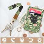 bolimoss Black Cat Lanyard Wallet with Id Badge Holder, Cute Flower Zippered Coin Pouch Credit Card Holder, Women Small Wallet with Removable Wristlet & Neck Lanyard, 5 Card Slots, Ring Keychain