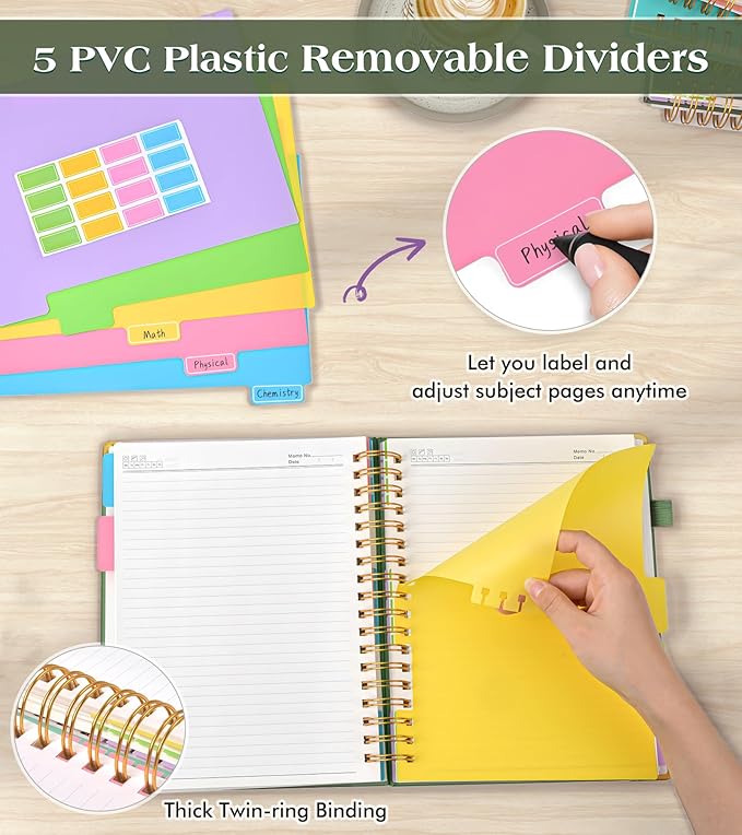 Spiral Notebook Journal with Removable Dividers Tabs, 300 Pages Hardcover Leather 5 Subject College Ruled Notebook, 8.5"x11" Large A4 Lined Journal for Women Men, Spiral Notebook for Work School,Green