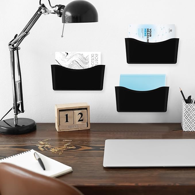 Colarr 6 Pcs Expandable Pocket Wall File Set Plastic Wall Mountable Space Saving Files Office Wall Organizer Wall Mount File Holder Wall Hanging File Organizer for Mail Magazine Letter (Black)