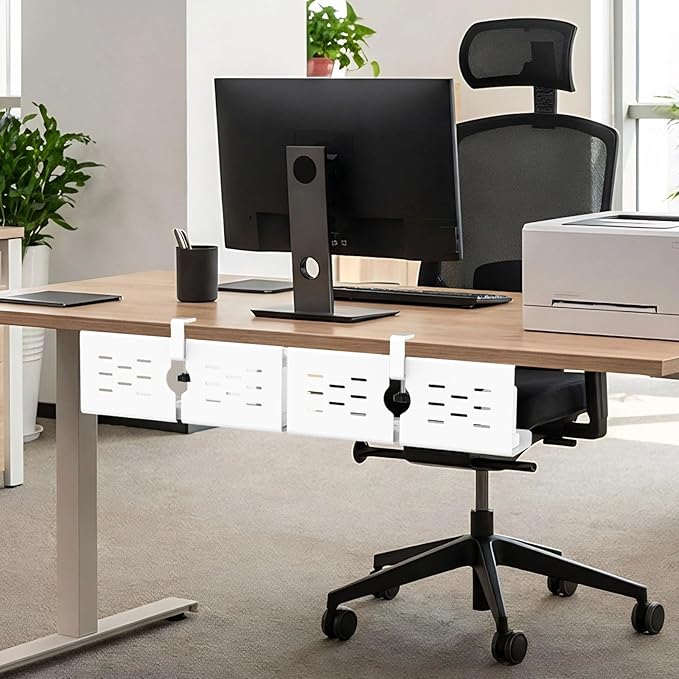 KEEGH 16" Under Desk Cable Management Tray, 2 Pack Desk Cord Organizer Upgrade Capacity, Drill Free Clamp/Screw Mount, Sturdy Metal Tray for Connect Cables, Home, Office, White