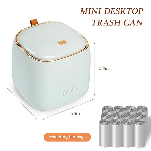 Daphilly Mini Countertop Trash Can with 12 Rolls of Trash Bags, Desk Trash Can Tiny Trash Can with Press Type Lid, light blue