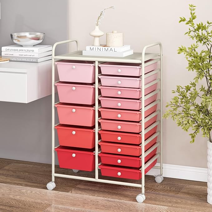 COSTWAY 15 Drawers Storage Cart, Multipurpose Rolling Utility Cart on Wheels w/Lockable Wheels & Removable Drawers, Mobile Tools Scrapbook Paper Organizer Cart for Office School Home, Mixed Pink