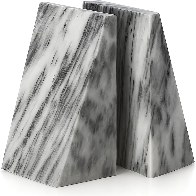 Bey-Berk Harold Carrera Marble Bookends (Grey, Set of 2), 4" x 2.5" x 6" Wedge Book Ends, 6.45 lb Solid Stone Desk and Shelf Decor