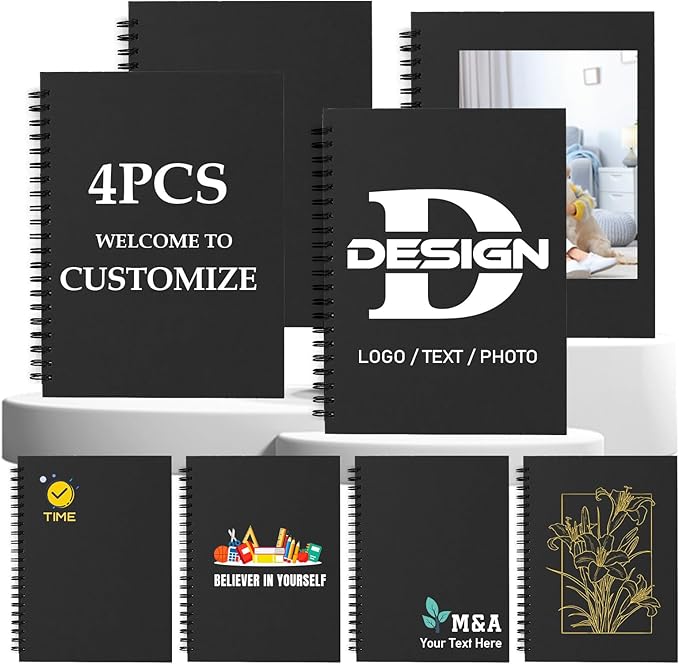 Custom Spiral Notebook - Upload Your Own Photo/Logo/Text, Set of 4 Personalized Journals, A5 Kraft Soft Cover, 120 Pages, 8.4 x 5.8 Inch, Customizable Notebooks for Gifts, Office or Business, Black