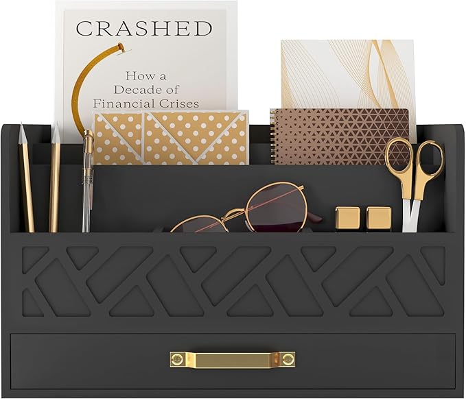 WISUCART Bamboo Mail Organizer Countertop Wood Desk Organizer Drawer Tabletop Storage Box Letter Sorter Makeup Organizer for School Home Office Supplies Black