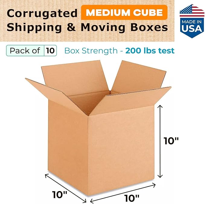 Medium Cube Moving & Shipping Boxes 10x10x10 inches (10-Pack) - Extra Strength 200 lb vs Regular - Corrugated Durable Packing Boxes - Shipping Box Medium - Box Packaging by IDL Packaging