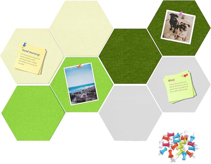 Uoisaiko 12" Large Bulletin Board with 30 Push Pins, Pack of 8 Hexagon Felt Pin Board Notice Boards for Home Office Kitchen, Felt Wall Tiles for Photos Memos (White Green)