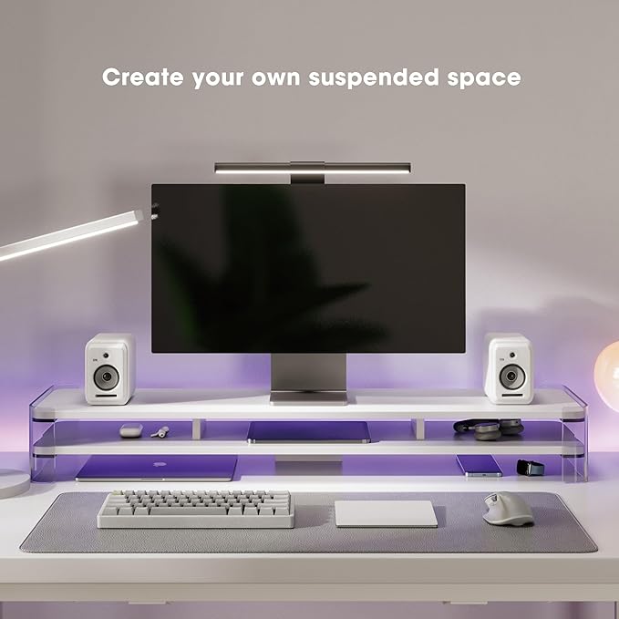 Fenge Acrylic Monitor Stand Riser, Clear Dual Acrylic Computer Monitor Stand for 2 Monitors, 2 Tier Wood Office Desk Storage Organizer for Laptop, Computer, TV Stand