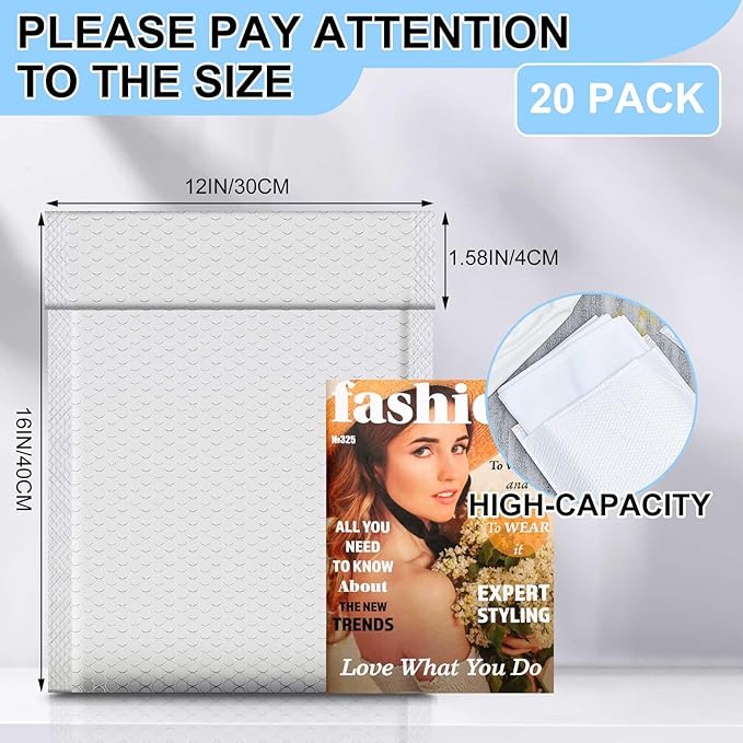 Ireer 20 Pack Large Bubble Mailers 12 x 16" Poly Padded Envelopes Cushioned Mailing Envelopes Bubble Padded Mailers Self Adhesive Waterproof Shipping Bags for Business Christmas Party Gift Packaging