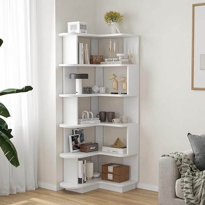 Farini 5-Tier Corner Bookshelf,L-Shaped Bookcase Freestanding Storage Shelf & Display Stand for Living Room, Office, Bedroom,White