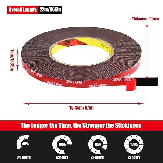 Double Sided Tape Heavy Duty, Waterproof Mounting Foam Tape, 73ft Length, 0.4in Width, High Temperature Resistant Adhesive Tape for Car, LED Strip Light, Office Decor, Uses 3M VHB 5952 Raw Material