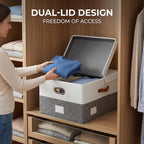 PRANDOM Storage Bins with Lids [3-Pack] Linen Fabric Foldable Storage Boxes Organizer Containers Baskets Cube with Cover for Bedroom Closet Office Grey&White (23.4X15.9X11.4)
