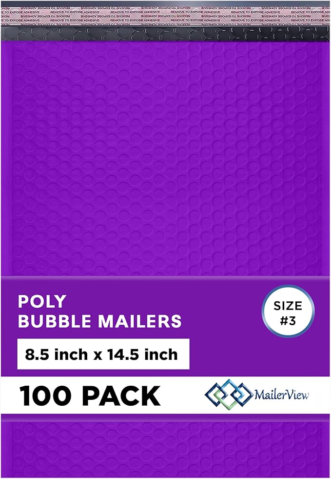 Purple Poly Bubble Mailers 8.5x14.5 inch #3 | Self Seal Padded Envelopes | Cushioned Bubble Mailer | Usable Size 8.5x13.5 | WaterProof | Lightweight mailing Shipping Bags | 100 Pack Bulk