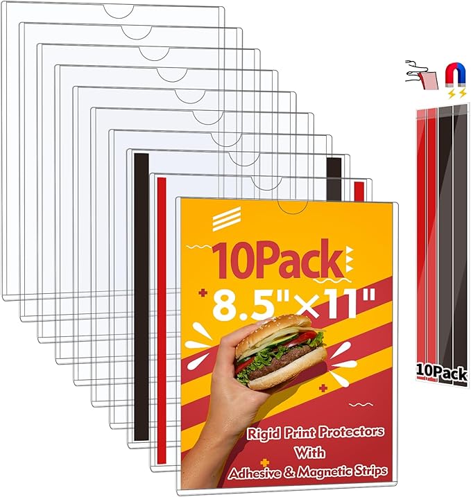 JR-MOV Rigid Magnetic Sign Holder 8.5 x 11 - Clear Plastic Magnetic Frames for Refrigerator Top Loaders Wall Sign Holder, Self Adhesive Frames for Walls Door Window Magnetic Picture Frame 10 Pack