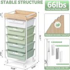 Rolling Storage Utility Cart With 5 Drawers,Craft Cart with Wheels,Makeup Organizer,Art Supply And Storage Wooden Tabletop,Green