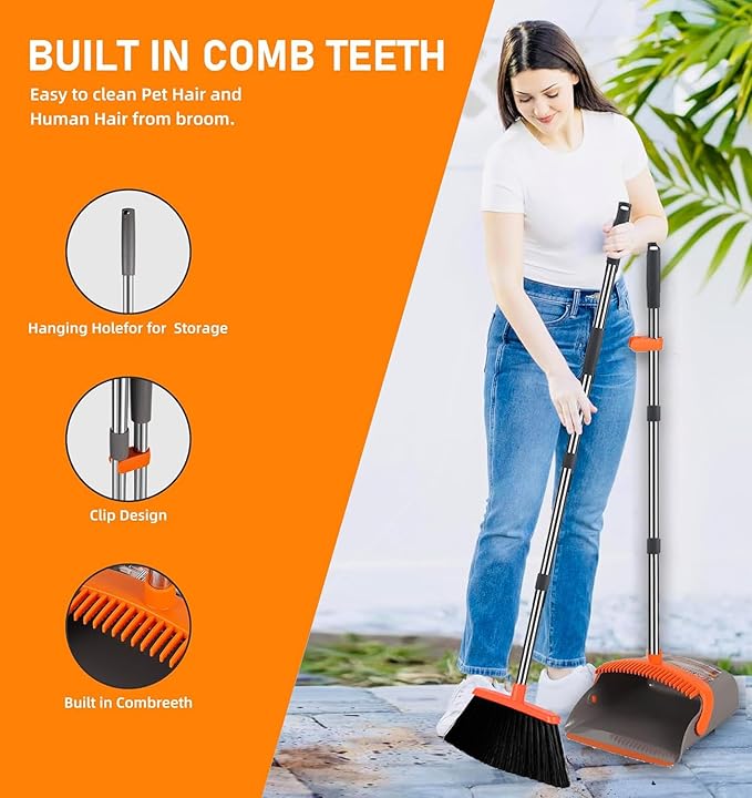DJDTDTY 2-Pack is More economical，Upgraded Upright Broom and Dustpan Combo with 52" Long Handle, Dustpan Teeth with self-Cleaning Function, Indoor and Outdoor Sweeping, Perfect for Home Office.
