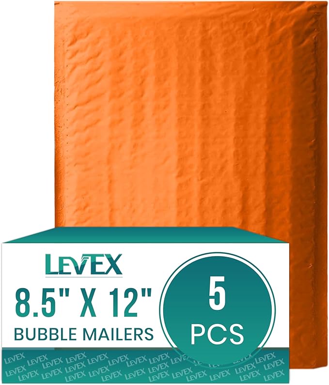 Levex - #2 8.5" x 12" [5 Pack] Orange Poly Bubble Mailers, Padded Envelope Mailers, Packing Envelope & Mailing Bags for Shipping