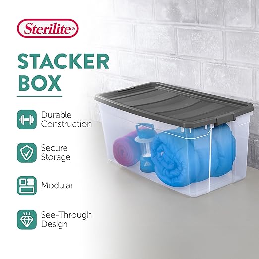 Sterilite 3-Pack Modular Stacker Box, Durable Clear Plastic Storage Bins with Latching Lids, 200 Quart - Stackable Organizing Container Boxes for Closet, Bathroom, and Office