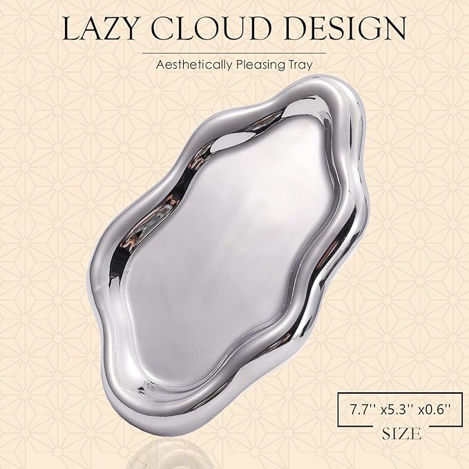 CCINPPY Ceramic Jewelry Tray Trinket Dish, Decorative Cloud Vanity Key Tray for Women, Ring Holder Dish, Cute Jewelry Plate Bowl Room Decor Aesthetic, Silver, Medium