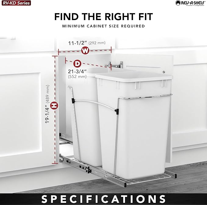 Rev-A-Shelf Pullout Trash Can for Kitchen Cabinets 27 Qt Garbage Recycling Bin with Full Extension Slides, Red/Black, RV-15KD-1618C-S