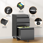 AFAIF 3 Drawer Mobile File Cabinet with Lock, Rolling Filing Cabinets for Home Office, Under Desk Small File Cabinet Three Drawers for Legal/Letter/A4 File, Black - Assembly Required