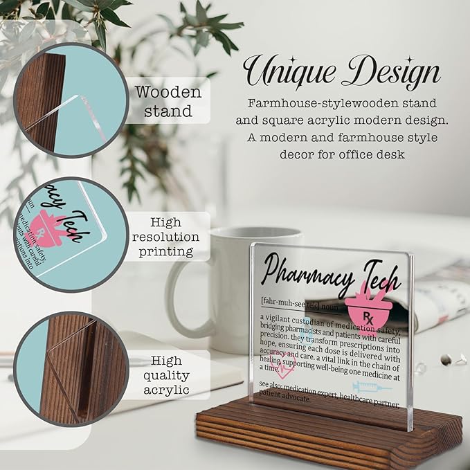 Pharmacy Tech Gifts, Thank You Appreciation Gifts for Pharmacy Technicians Week Graduation Birthday Christmas Rx Support Staff Office Desk Decor Decorative Signs Plaque PA009