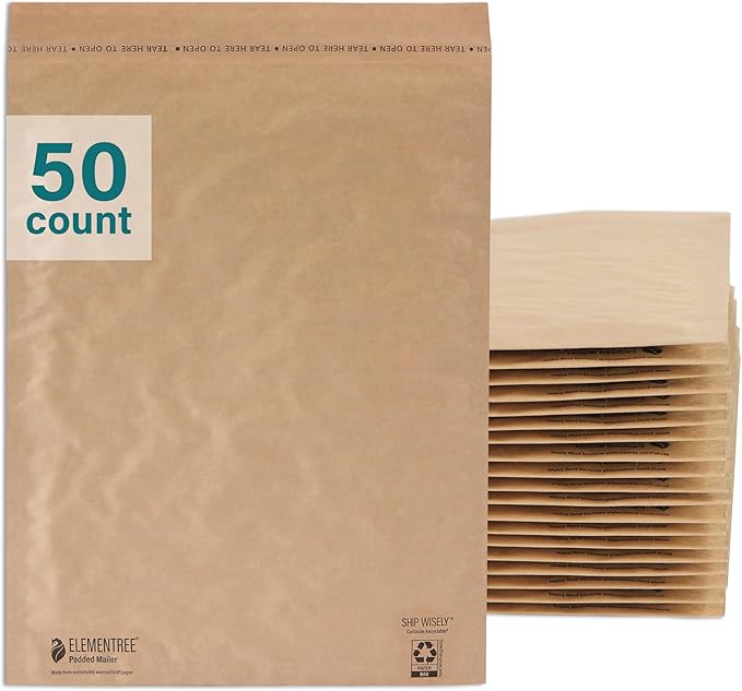 Elementree Large Recyclable Kraft Paper Padded Mailers 12" x 15" (Size #5) - 100 Brown Padded Mailing Envelopes - Flexible Padded Envelope Inner Eco-Cushioning - Made in the USA (01919)