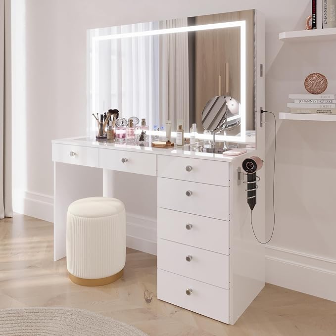 Boahaus Cersei White Velvet Vanity Ottoman with Hidden Storage, Makeup Chair for Vanity Desk, Elegant Foot Rest Stool with Gold Base for Bedroom, Living Room & Dressing Area (Pure White)