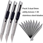 WEKOIL 9mm Snap Off Utility Knife 3 Pack High Hardness Retractable Box Cutters with 30 Pcs Snap Off Blades,Art Craft Hobby Cutter 9mm Knife for Home Office Workstation