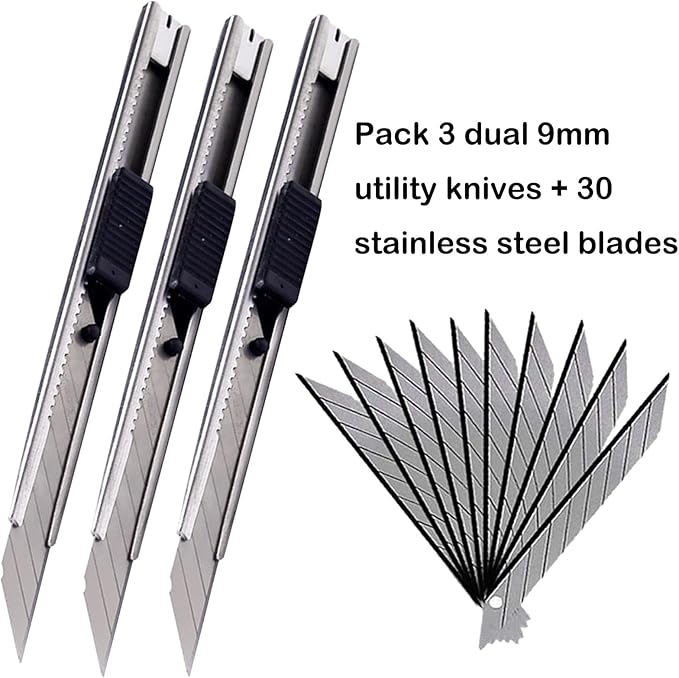 WEKOIL 9mm Snap Off Utility Knife 3 Pack High Hardness Retractable Box Cutters with 30 Pcs Snap Off Blades,Art Craft Hobby Cutter 9mm Knife for Home Office Workstation