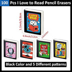 party greeting 100Pcs I Love to Read Pencil Erasers Fun Erasers Bulk for Kids Read Across America Prizes Drawing Sketching Supplies Reading Positive Reward Gift School Classroom Teacher Black