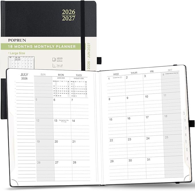 POPRUN Monthly Planner 2026-2027, Large-8'' x 10'', 18-Month Calendar Book (Jan.26 - Jun.27), Calendar Planner with Monthly Tabs, Storage Pocket, Hardcover, 100 GSM Paper - Black