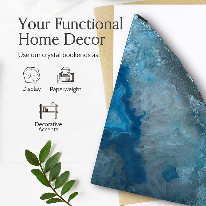 Nature's Decorations Agate Bookends - A Quality Teal Geode with Non-Skid Rubber Bumpers for Shelves, Office, Home Decor - Heavy Duty Cool Crystal Stone (3-4 LB)