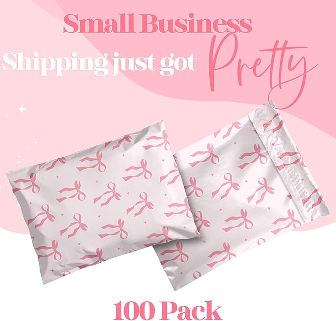 Pretty Package Store 10x13 Designer Poly Mailer 100 Pack Heavy Duty Waterproof Self Seal Shipping Bags for Small Business Large Mailing Envelopes Bulk Tear Resistant Packaging Pink Bows Coquette
