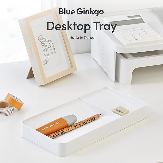 BLUE GINKGO Desk Tray – Korean-Made Organizer for Notes, Pens, Pencils, and Accessories (Double-sided, White)