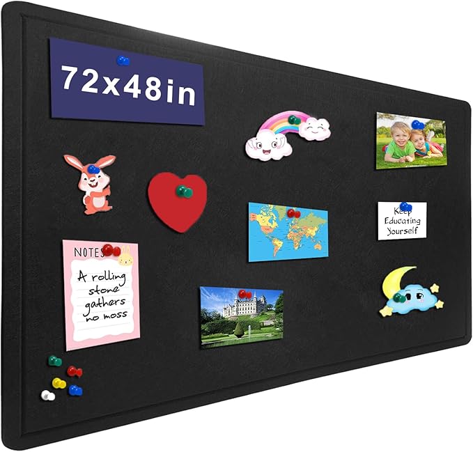 Large Bulletin Board - 72 X 48 inches Cork Board with 30 Pushpin, 6' x 4' Felt Cork Board Notice Pin Board, Self-Adhesive Vision Board Mood Board Foldable Photo Board for Wall (Black)