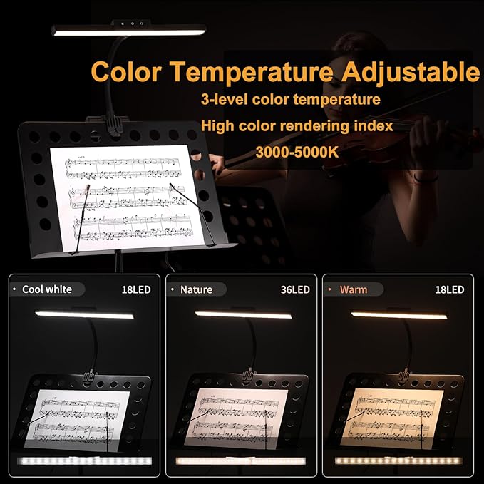 AETEE Super Bright Music Stand Light, LED Clip On Light,Magnetic Base, Removable Rechargeable Battery Operated, Long-Lasting USB-C Eye-Care Clamp Lamp, Gooseneck Design for Sheet Music, Black