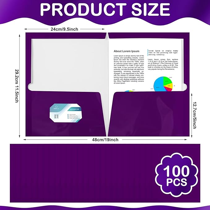Yeaqee 100 Pack 2 Pockets Glossy Laminated Paper Folder First Day of School Presentation Folder Letter Size Two Pocket File Portfolio Holder Back to School Items Bulk for Teacher Office (Purple)