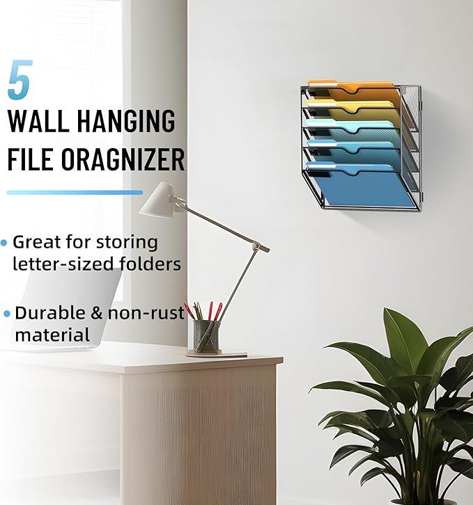 SUPEASY 5-Tier Wall File Holder Organizer with Hooks, Mesh Hanging File Organizer, Mail Organizer Wall Mounted for Papers, Folders, Office Magazine Rack, Black, 2Pack