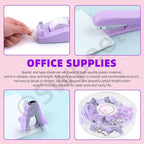 Swpeet 9Pcs Purple Office Supplies Kit, Desk Accessories Including Stapler, Tape Dispenser, Staple Remover, Tabs, Scissors, Staples, Tape, Clips and Sticky Note Ideal for Office and School