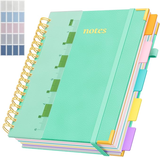 XYark Line Hardcover Spiral Notebook with Removable Dividers Tabs & Ruler, 5 Subject Notebook College Ruled, 300 Page, Large 8"x10" B5 Notebooks for Work School, Lined Journal for Women & Men, Blue