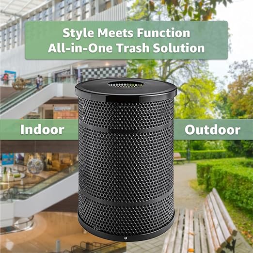 Zedfire 55 Gallon Perforated Waste Bin with Flat Lid, Steel Outdoor Heavy-Duty Commercial Trash Can, Round Recycle Container, Durable Garbage Can for Parks, Municipalities, Parking, Schools